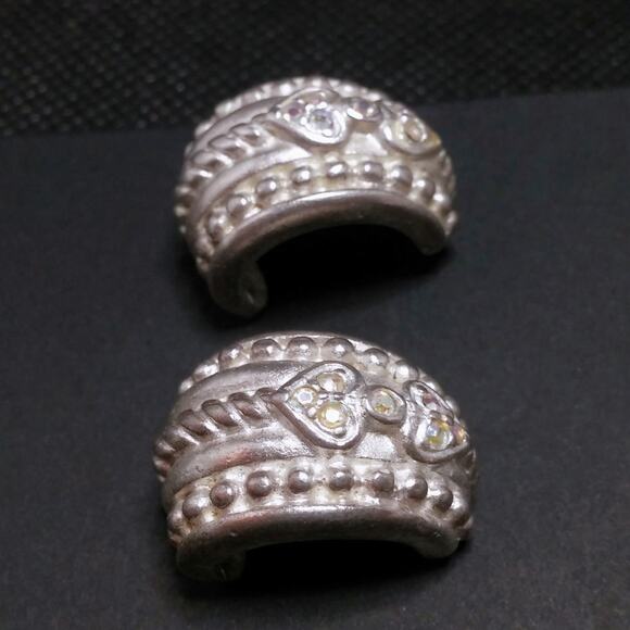 Vintage Sterling Silver Half Hoop Earrings Twisted Rope Heart Crystal Accents - Picture 4 of 15